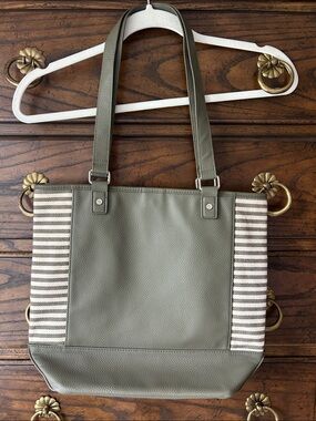Olive Green Striped Panel Tote Bag, Jewell by thirty-one Bags
